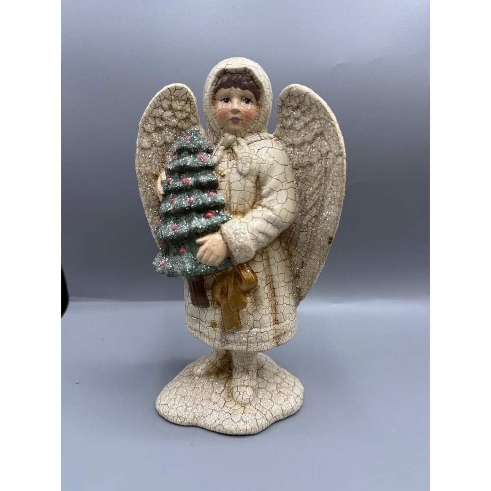 8" Tall Christmas Angel Figurine Off-White Victorian Crackle Glaze Glitter - Picture 2 of 6